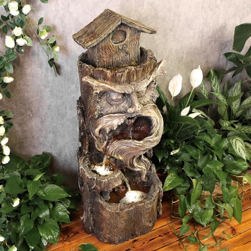 YZM Outdoor Floor Cascading Waterfall Tree Trunk Water Fountains Patio Porch Backyard Garden Fountain with LED Lights Pump 3 Tiers Water Feature 33.46 Inch Height