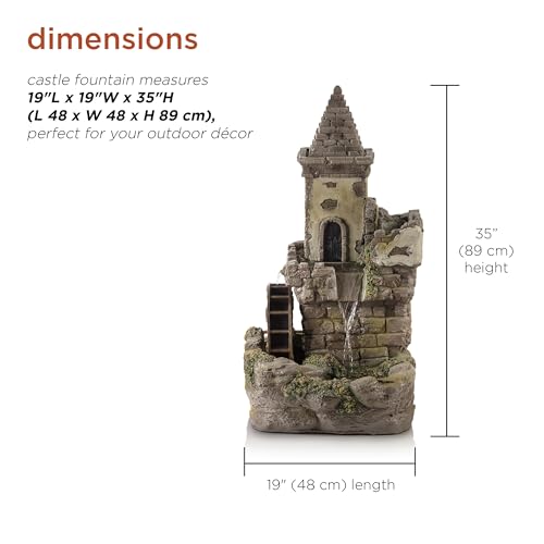 Alpine Corporation USA1164 Outdoor Floor Tiered Fairy Castle Waterwheel Water Fountain with Realistic Stone Look, 35", Brown