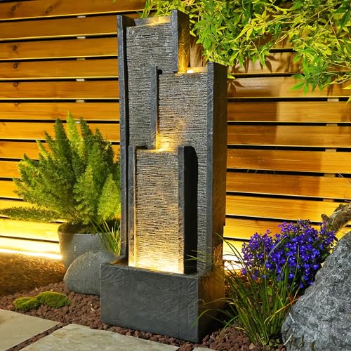SERBILHOME Water Fountain Outdoor Water Fountain - Indoor Waterfall Fountain Floor Standing Outdoor Fountains with Led Lights and Pump 39.3” H Contemporary Curves Garden Fountain for Garden, Patio