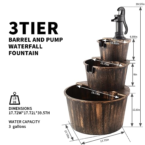 YI 40-Inch 3 Tier Barrel Waterfall Fountain Outdoor Water Fountains Barrel Wood 3-Tier Freestanding Rustic Pump for Garden Patio Backyard Porc