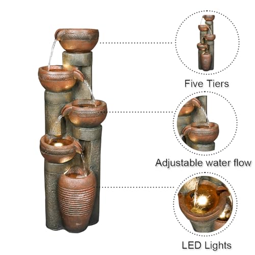 Hamiedun 5 -Tier Outdoor Garden Water Fountain Decor, Resin Fountain for Garden, Floor Patio, Deck, Porch, Backyard and Home Art Decor (Brown, 39.7inch)