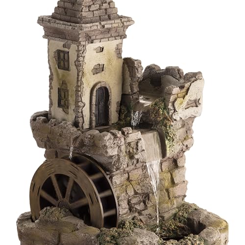 Alpine Corporation USA1164 Outdoor Floor Tiered Fairy Castle Waterwheel Water Fountain with Realistic Stone Look, 35", Brown