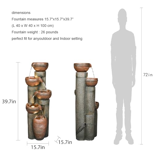 Hamiedun 5 -Tier Outdoor Garden Water Fountain Decor, Resin Fountain for Garden, Floor Patio, Deck, Porch, Backyard and Home Art Decor (Brown, 39.7inch)