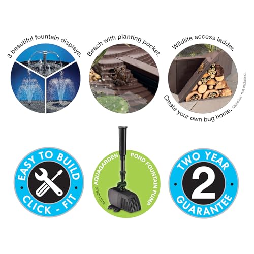 Aquagarden No Dig Nature Pool, Complete Water Feature Kit, Attract Birds and Wildlife to Your Yard, Includes Pond Structure, Liner, Fountain Pump, Nature Ladder, Planting Pocket