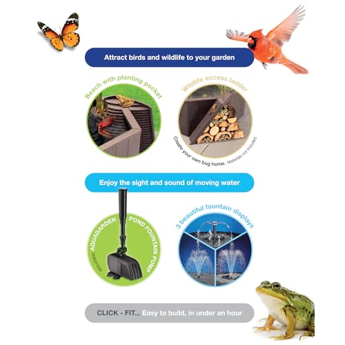 Aquagarden No Dig Nature Pool, Complete Water Feature Kit, Attract Birds and Wildlife to Your Yard, Includes Pond Structure, Liner, Fountain Pump, Nature Ladder, Planting Pocket