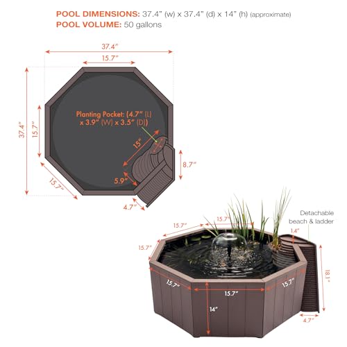 Aquagarden No Dig Nature Pool, Complete Water Feature Kit, Attract Birds and Wildlife to Your Yard, Includes Pond Structure, Liner, Fountain Pump, Nature Ladder, Planting Pocket