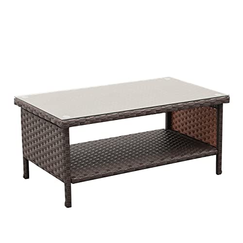 Brown Wicker Coffee Table with Glass Top and Storage