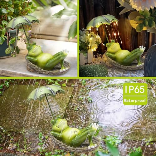 BINFENNY Frogs Garden Outdoor Decor Statue - Solar Frog Umbrella Pond Statues LED Waterproof, Resin Cute Animal Sculpture Lights, Ideal Ornament for Yard Lawn Patio, Women/Gardening Decoration Gifts
