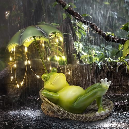 BINFENNY Frogs Garden Outdoor Decor Statue - Solar Frog Umbrella Pond Statues LED Waterproof, Resin Cute Animal Sculpture Lights, Ideal Ornament for Yard Lawn Patio, Women/Gardening Decoration Gifts
