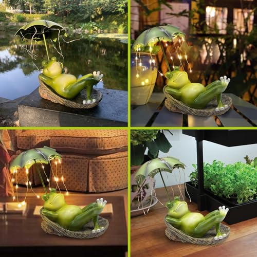 BINFENNY Frogs Garden Outdoor Decor Statue - Solar Frog Umbrella Pond Statues LED Waterproof, Resin Cute Animal Sculpture Lights, Ideal Ornament for Yard Lawn Patio, Women/Gardening Decoration Gifts