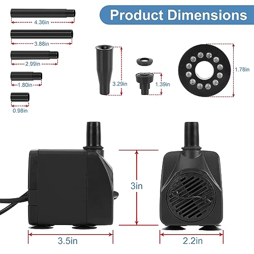 ZJNBMTFY Submersible Pond Fountain Pump with colorful LED Light, 7.2ft Water Pump,Aquarium Pump with 3 Nozzles,Fountains Pump for Small Ponds,Garden, Aquariums, Fish Tanks, Indoor Outdoor Fountain