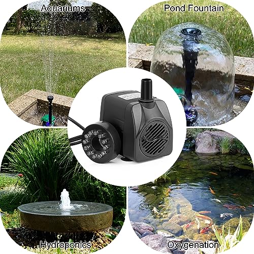 ZJNBMTFY Submersible Pond Fountain Pump with colorful LED Light, 7.2ft Water Pump,Aquarium Pump with 3 Nozzles,Fountains Pump for Small Ponds,Garden, Aquariums, Fish Tanks, Indoor Outdoor Fountain