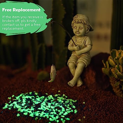 Goodeco Fisherboy Statue Garden Decor - 11" Little Fishing Guy for Koi Pond or Waterfalls, Poolside Statue with Glow in Dark Pebbles Included, Great Gifts for Mom, Women & Birthdays