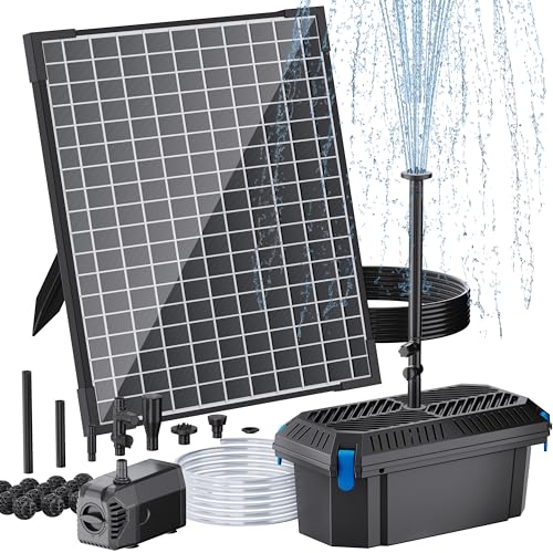 POPOSOAP Solar Water Pump with Pond Filter, 25W Solar Pond Filter with Fountain Pump 410GPH Adjustable, Pond Filter with Tubing for Outdoor Ponds Fish Tank Pool Garden Water Feature Waterfall