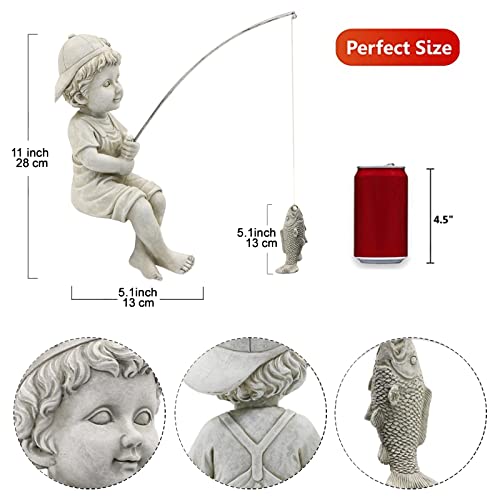 Goodeco Fisherboy Statue Garden Decor - 11" Little Fishing Guy for Koi Pond or Waterfalls, Poolside Statue with Glow in Dark Pebbles Included, Great Gifts for Mom, Women & Birthdays