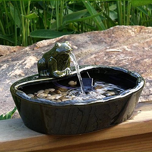 ASC Solar Powered Ceramic Green Frog Water Fountain Kit Garden Patio Bird Daytime Running Version