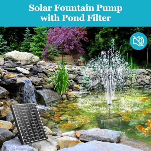POPOSOAP Solar Water Pump with Pond Filter, 25W Solar Pond Filter with Fountain Pump 410GPH Adjustable, Pond Filter with Tubing for Outdoor Ponds Fish Tank Pool Garden Water Feature Waterfall