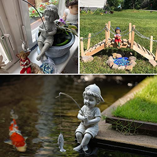 Goodeco Fisherboy Statue Garden Decor - 11" Little Fishing Guy for Koi Pond or Waterfalls, Poolside Statue with Glow in Dark Pebbles Included, Great Gifts for Mom, Women & Birthdays