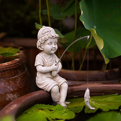 Goodeco Fisherboy Statue Garden Decor - 11" Little Fishing Guy for Koi Pond or Waterfalls, Poolside Statue with Glow in Dark Pebbles Included, Great Gifts for Mom, Women & Birthdays