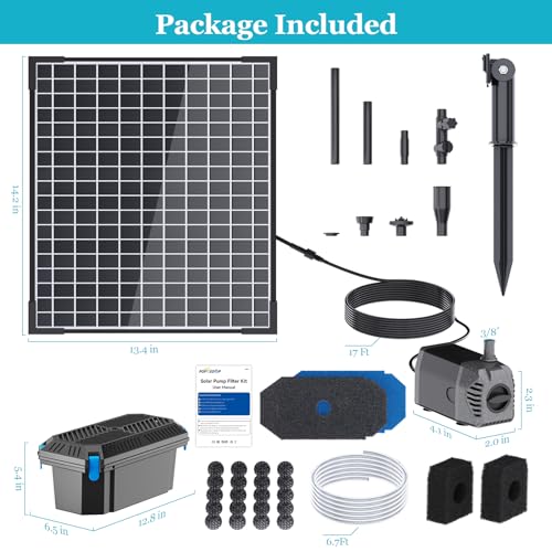 POPOSOAP Solar Water Pump with Pond Filter, 25W Solar Pond Filter with Fountain Pump 410GPH Adjustable, Pond Filter with Tubing for Outdoor Ponds Fish Tank Pool Garden Water Feature Waterfall