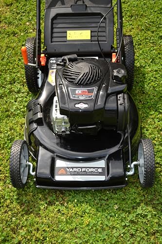 Yard Force Self Propelled Lawn Mower Briggs & Stratton 150cc Gas Engine 22-inch Steel Deck 3-in-1 Mulch, Bag, Side Discharge, 12-inch High Rear Wheels