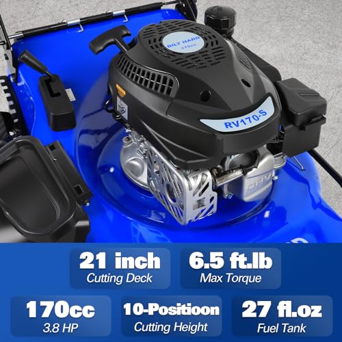 BILT HARD 21 Inch Lawn Mower Gas Powered, 4-Cycle 170cc Engine, 3-in-1 Push Lawnmower with Bagging, Mulching & Side Discharge, Adjustable 10-Positions Cutting Height, Easy Start