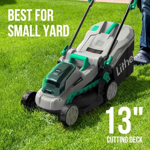 Litheli 20V 13" Cordless Lawn Mower, Electric Lawn Mowers for Garden, Yard and Farm, 5 Heights, with Brushless Motor, 4.0Ah Battery & Charger Included