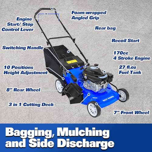 BILT HARD 21 Inch Lawn Mower Gas Powered, 4-Cycle 170cc Engine, 3-in-1 Push Lawnmower with Bagging, Mulching & Side Discharge, Adjustable 10-Positions Cutting Height, Easy Start