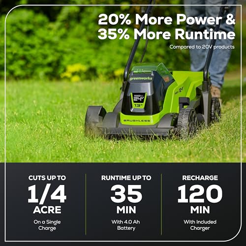 Greenworks 24V 13" Brushless Cordless (Push) Lawn Mower, 4.0Ah Battery and Charger Included