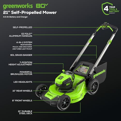 Greenworks 80V 21" Brushless Cordless (Self-Propelled) Lawn Mower (LED Headlight + Aluminum Handles), 4.0Ah Battery and Rapid Charger Included (75+ Compatible Tools)
