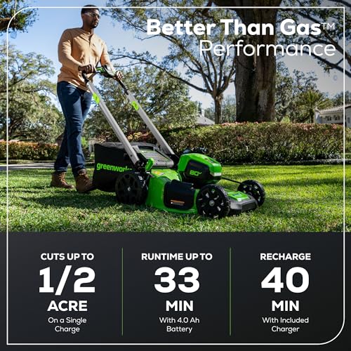 Greenworks 80V 21" Brushless Cordless (Self-Propelled) Lawn Mower (LED Headlight + Aluminum Handles), 4.0Ah Battery and Rapid Charger Included (75+ Compatible Tools)
