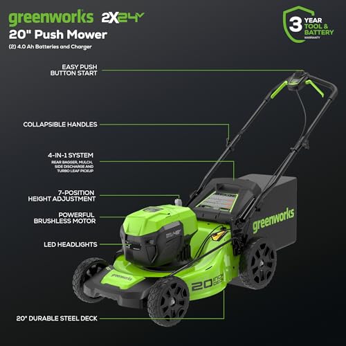 Greenworks 2 x 24V 20" Brushless Cordless (Push) Lawn Mower + Blower (320 CFM) + 12" String Trimmer, (2) 5.0Ah Batteries and Charger Included (125+ Compatible Tools)