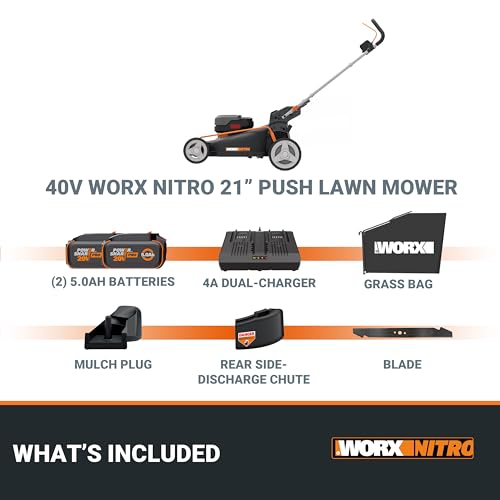 Worx Nitro 40V 21" Push Lawn Mower w/Aerodeck & IntelliCut, Brushless Battery Lawn Mower Up to 1/2 Acre, Cordless Lawn Mower w/ 7-Position Height Adjustment WG752 – Batteries & Charger Included