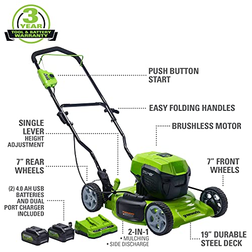 Greenworks 48V (2 x 24V) 19" Brushless Cordless (Push) Lawn Mower (125+ Compatible Tools), (2) 4.0Ah Batteries and Dual Port Rapid Charger Included
