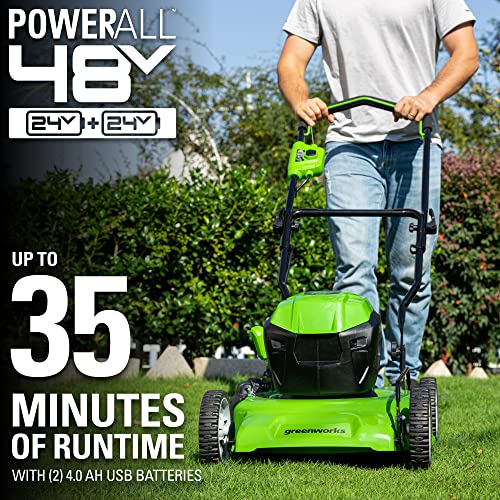 Greenworks 48V (2 x 24V) 19" Brushless Cordless (Push) Lawn Mower (125+ Compatible Tools), (2) 4.0Ah Batteries and Dual Port Rapid Charger Included