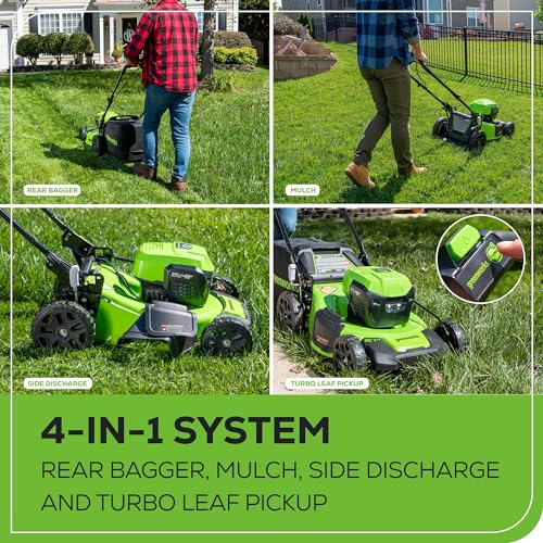 Greenworks 2 x 24V 20" Brushless Cordless (Push) Lawn Mower + Blower (320 CFM) + 12" String Trimmer, (2) 5.0Ah Batteries and Charger Included (125+ Compatible Tools)