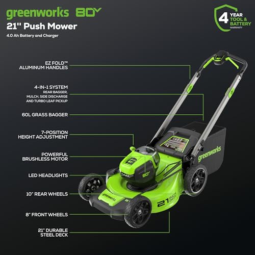 Greenworks 80V 21" Brushless Cordless (Push) Lawn Mower (LED Headlight + Aluminum Handles), 4.0Ah Battery and Rapid Charger Included (75+ Compatible Tools)