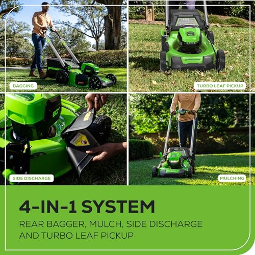 Greenworks 80V 21" Brushless Cordless (Push) Lawn Mower (LED Headlight + Aluminum Handles), 4.0Ah Battery and Rapid Charger Included (75+ Compatible Tools)