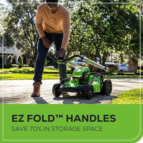 Greenworks 80V 21" Brushless Cordless (Push) Lawn Mower (LED Headlight + Aluminum Handles), 4.0Ah Battery and Rapid Charger Included (75+ Compatible Tools)