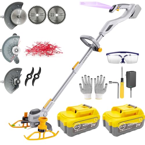YUEWXTER String Trimmer Cordless,21V 2 x 4.0Ah Battery & Charger, 4-in-1 Grass Trimmer/Wheel Edger/Mini-Mower/Brush Cutter, with 90° Adjustable Head, Telescopic Pole and 3 Cutting Blade Types