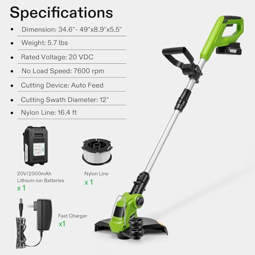 VIVOSUN 12” Cordless String Trimmer and Edger, 20V 2.0Ah Weed Eater, 2-Speed Control with Adjustable Head, Pole & Handle, Spool, Lightweight & Compact Trimmer, Battery and Fast Charger Included