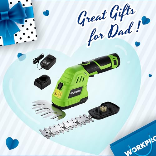 WORKPRO 12V Cordless Grass Shear & Shrubbery Trimmer - 2 in 1 Handheld Hedge Trimmer, Electric Grass Trimmer Hedge Shears/Grass Cutter with 2.0Ah Rechargeable Lithium-Ion Battery &1 Hour Fast Charger
