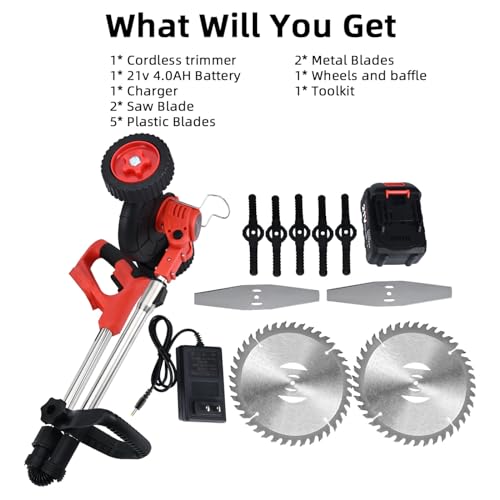 Weed Eater Battery Powered, 21v Battery Powered Weed Eater, 3-in-1 Grass Trimmer/Wheel Edger, 4.0 Ah Battery for Garden,Yard,Lawn Cutting(Red) by SHINTYOOL
