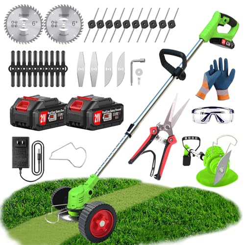 Weed Wacker Battery Powered, 21V Cordless Weed Trimmer with 2.0Ah Battery, Fast Charger & 5 Types Blades, Lightweight String Trimmer with Wheels, Grass Trimmer/Brush Cutter/Lawn Edger for Garden