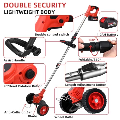 Weed Eater Battery Powered, 21v Battery Powered Weed Eater, 3-in-1 Grass Trimmer/Wheel Edger, 4.0 Ah Battery for Garden,Yard,Lawn Cutting(Red) by SHINTYOOL