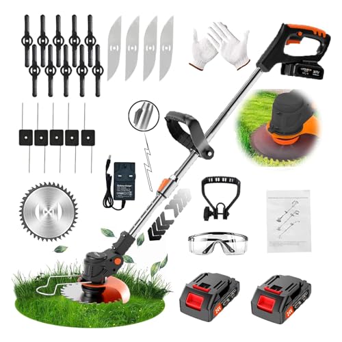Jwdj Electric Weed Eater 21V Cordless Trimmers Lawn Edger String Trimmer with 2 Pcs 1500mAh Rechargeable Battery/Fast Charger/ 4 Kinds, for Yard Yard, Garden