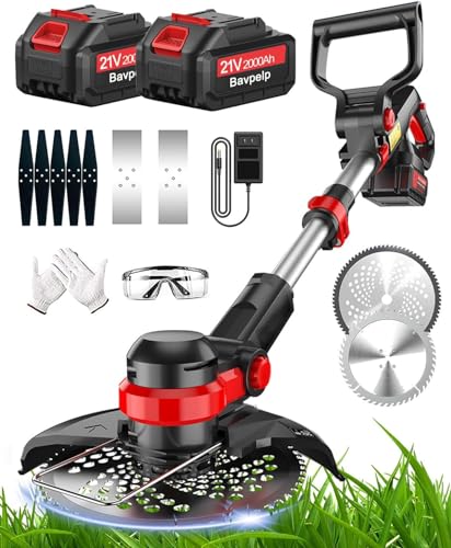 Electric Weed Wacker Cordless, 21V Electric Weed Trimmer with 3 Types Blades and 2Pcs Battery, Lightweight String Trimmer/Edger Lawn Tool/Brush Cutter for Garden and Yard