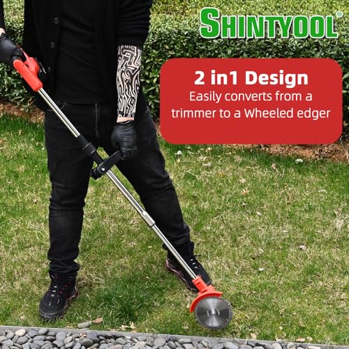 Weed Eater Battery Powered, 21v Battery Powered Weed Eater, 3-in-1 Grass Trimmer/Wheel Edger, 4.0 Ah Battery for Garden,Yard,Lawn Cutting(Red) by SHINTYOOL