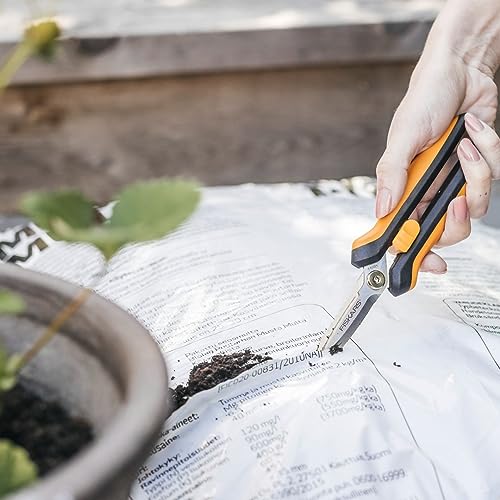Fiskars Multi-Purpose Garden Snips - 8" Garden Shears with Sheath and SoftGrip Handle - Straight Edge, Serrated Edge, Wire Cutter - Yard and Garden Tools - Orange/Black