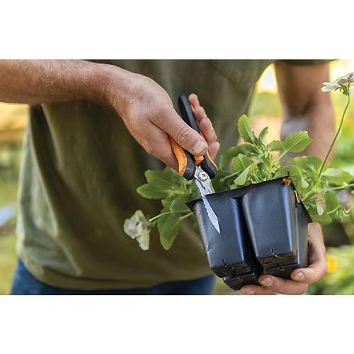 Fiskars Multi-Purpose Garden Snips - 8" Garden Shears with Sheath and SoftGrip Handle - Straight Edge, Serrated Edge, Wire Cutter - Yard and Garden Tools - Orange/Black